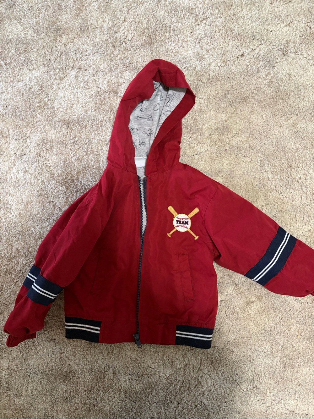 Boys Red Hooded Puffer Jacket with Baseball Patch